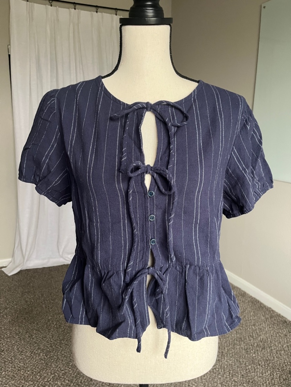 Navy Pinstripe Tie Front Peplum Blouse Puff Sleeve Cottagecore Feminine XL